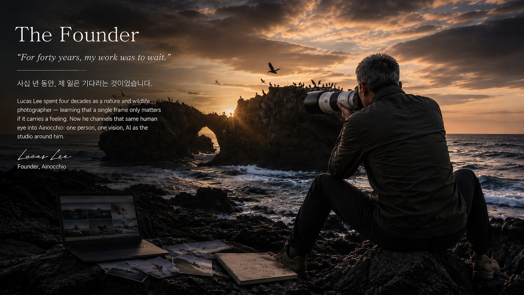 Lucas Lee photographing on the rocks at sunset
